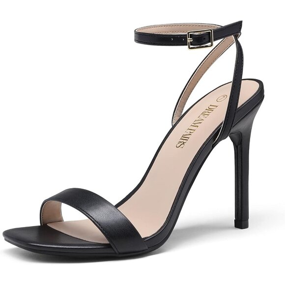 Women’s Black High Stilettos Open Square Toe Ankle Strap Comfortable Heel